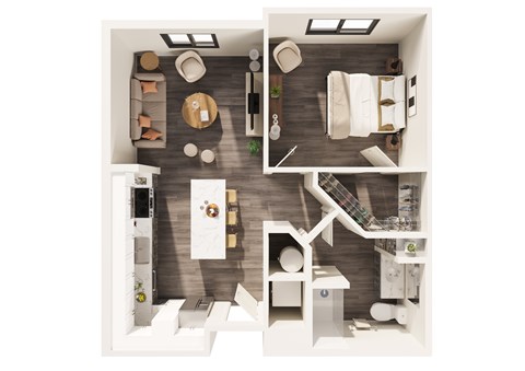 A top-down view of a small apartment with a kitchen, living room, and bathroom.